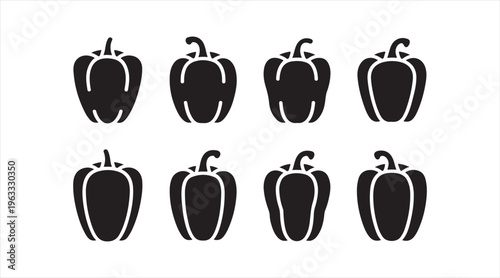 Minimal capsicum silhouette icons set, black bell pepper vegetable symbols isolated on clean background for food design