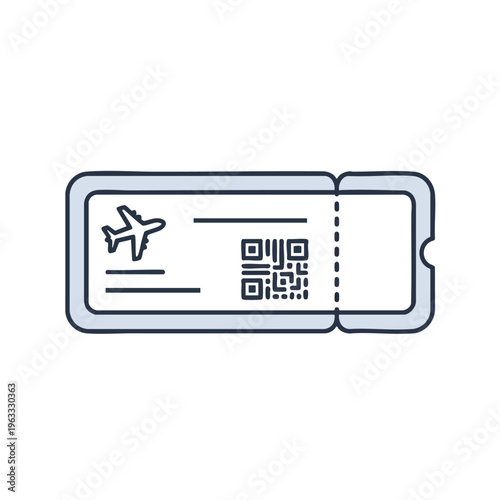 Line art ticket with airplane and QR code, travel concept