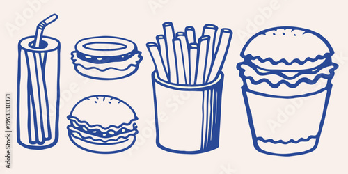 Hand drawn illustration of fast food items burgers fries and a drink