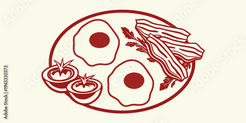 A red line drawing of a breakfast plate with eggs bacon and tomatoes