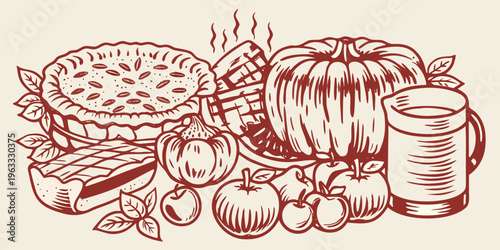 Autumn harvest illustration featuring pumpkin pie produce and baked goods