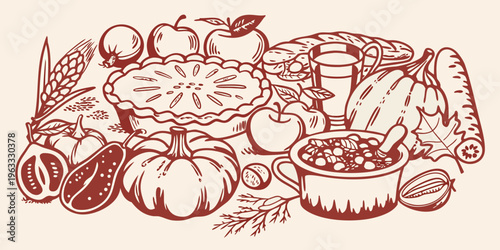 Autumn harvest illustration featuring fruits vegetables and baked goods