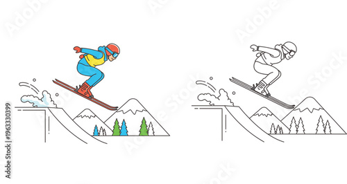 Vector Illustration of a Skier Jumping from a Ramp in Snowy Mountains, Set of Colored and Line Art Outline Versions for Winter Sports Design, Freestyle Activity, and Kids Coloring Page