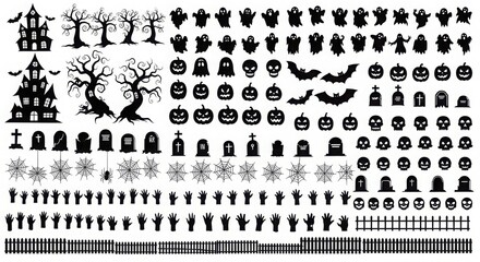halloween icons and silhouettes on white background