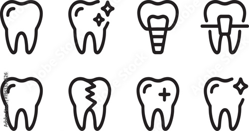 Set of eight black outline representing various dental conditions and treatments
