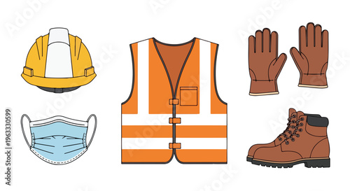 Flat lay of personal protective equipment for workplace safety on World Day for Safety and Health at Work