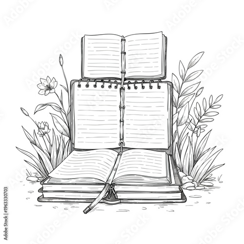 Stacked open notebooks surrounded by foliage and flowers, with a pencil