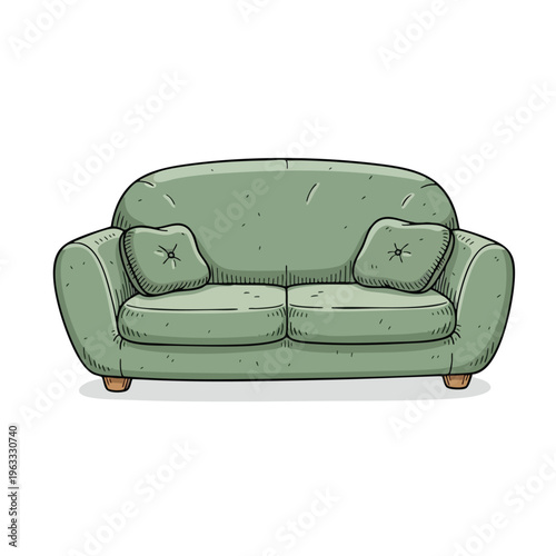 A cartoon illustration of a pale green, comfortable-looking sofa with two cushions