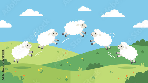 Cartoon Sheep Jumping Joyfully in a Field Illustration.