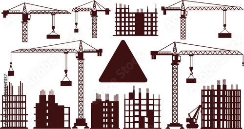 Collection of tower crane and building construction silhouettes for industrial projects
