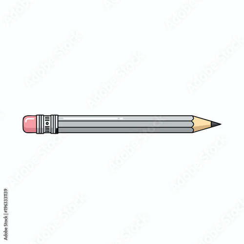 A sharpened gray pencil with a pink eraser and metal ferrule against a white background