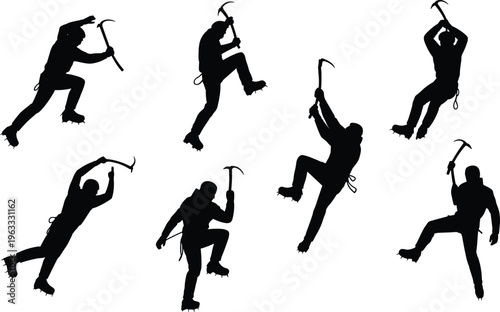 Seven Black Silhouettes of Ice Climbers Ascending with Ice Axes and Crampons on a White Background Keywords: ice climbing, climber, silhouette, person, human, sport, recreation, activity