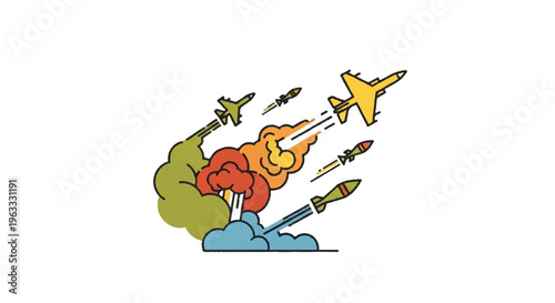 Military aircraft and missile launch in flat illustration