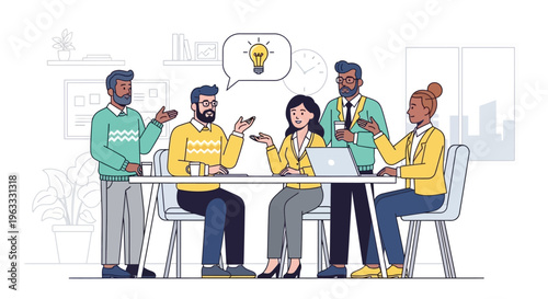 A diverse team of professionals collaborates during a productive brainstorming session, generating innovative ideas and fostering a dynamic work environment.