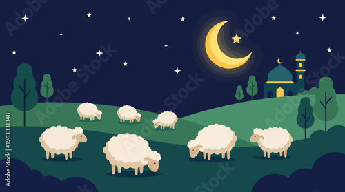 Fluffy Sheep Grazing Under Moonlight in Eid alAdha Illustration.