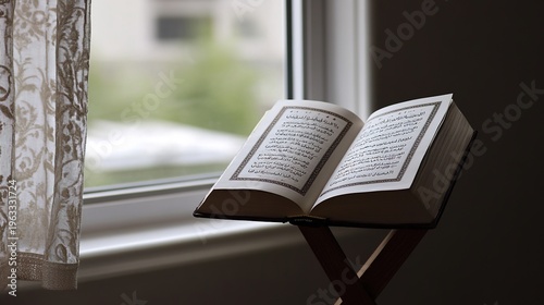 lectern. An open Quran on a lectern with pages gently turning in a soft breeze, illuminated by window light. event programs, museum guides, designed for cultural heritage projects and event programs.