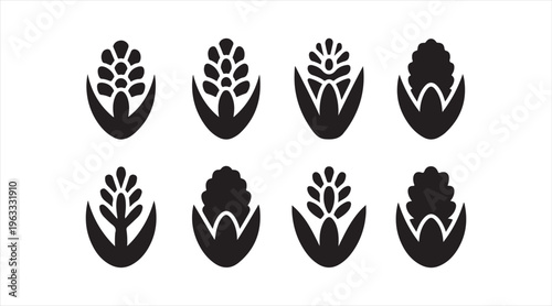 Wheat icon collection in flat black style, simple grain graphics for farming and food production themes