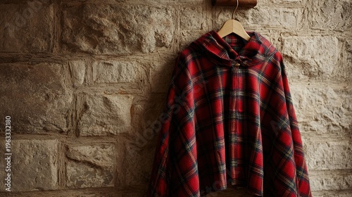 cloak. A tartan woolen cloak hanging on a wooden hanger against a stone wall. event programs, museum guides, designed for cultural heritage projects and event programs, elevates cultural identity.