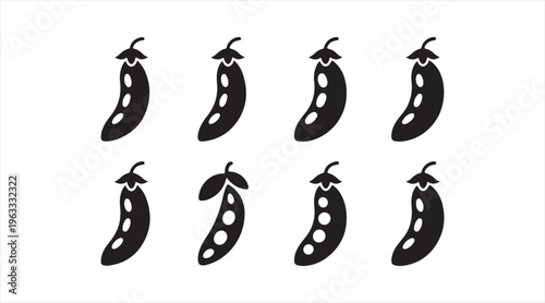 Minimal pea pod silhouette icons set, black legume vegetable symbols isolated on clean background for organic food design