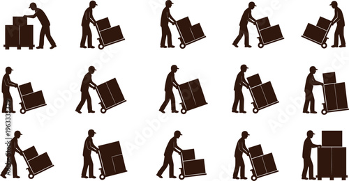 Silhouette icons set of delivery worker moving heavy boxes using hand truck dolly