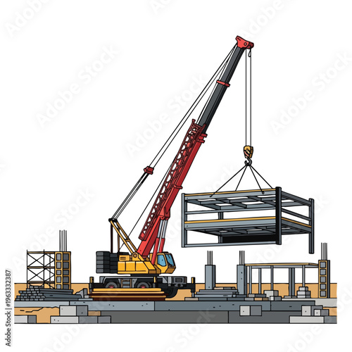 Crane lifts steel framework at unfinished building site