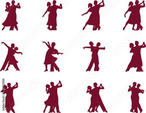 Set of twelve burgundy silhouette icons representing various ballroom dance couples poses