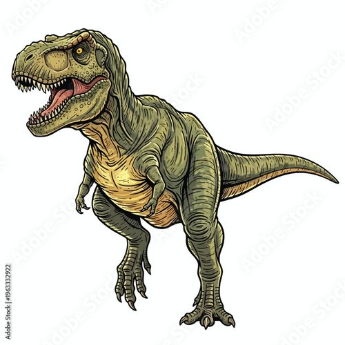 A detailed illustration of a ferocious, green Tyrannosaurus Rex roaring with its mouth open