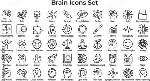Brain Icons Set, a collection of various brain related symbols and signs, for use in educational, medical, or inspirational materials and projects, representing intelligence and knowledge