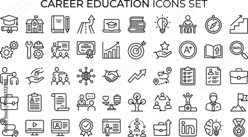 Career education icons set for learning, development, and growth in business, technology, and professional skills