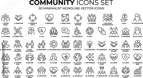 Community icons set of 50 minimalist monoline vector graphics for social connections and community engagement symbols
