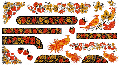 Russian Khokhloma Folk Art Motifs and Floral Vector Borders