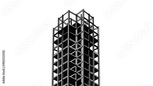 Architectural Steel Skeleton Framework Illustration. High-Rise Construction Drawing in Black and White.