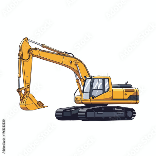 Yellow tracked excavator with articulated arm and bucket