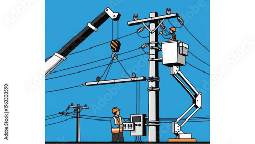Electricians and Crane Installing Power Pole Crossarms. Infrastructure Maintenance and Energy Grid Repair Illustration.
