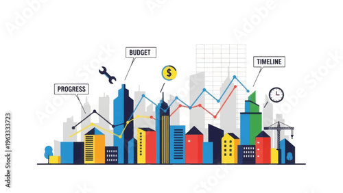 Business Metrics City Skyline Illustration: Progress, Budget, and Timeline Data Visualization. Urban Development Management Graph.