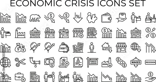 Economic crisis icons set, depicting financial struggles, recession, and market downturn, with various symbols and graphics representing economic challenges and difficulties in a simple line style.