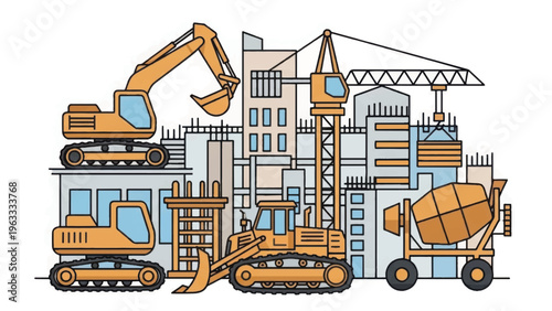 Hand-Drawn Construction Site Illustration. Heavy Machinery, Excavator, Crane, Bulldozer, and Cement Mixer Working on City Building Development.