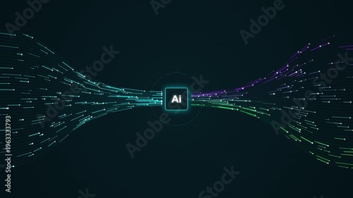 Artificial Intelligence Core Processing Dynamic Data Streams in a Dark Digital Environment - Futuristic Technology Concept Illustration