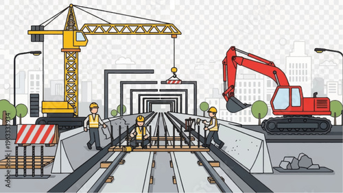 Infrastructure Construction: Workers Building Elevated Railway Track or Metro Line in Cityscape with Crane and Excavator
