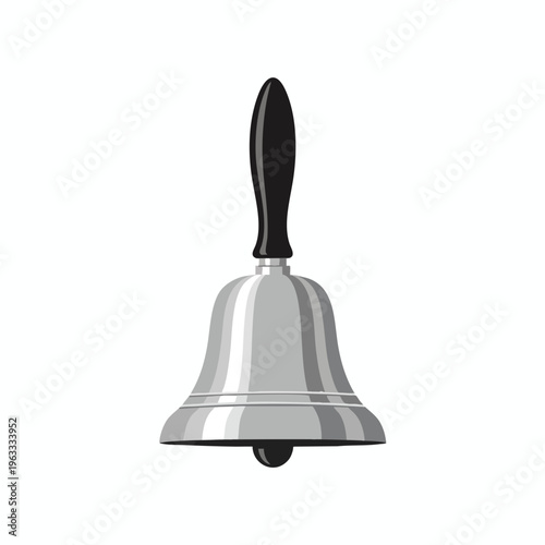 A detailed silver handbell with a black handle rests against a white background