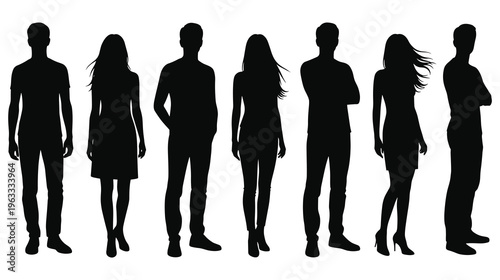 Set of seven black silhouettes of people standing, men and women vector illustration