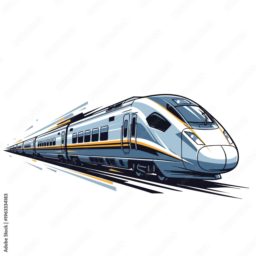 Fototapeta premium Sleek, high-speed train, silver with blue and yellow accents, zooming past