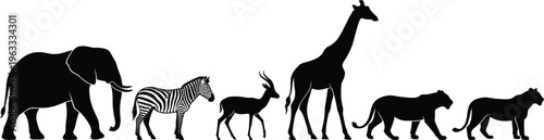 African safari animal silhouettes vector set elephant zebra giraffe lion lioness antelope wildlife isolated black collection savanna illustration clipart