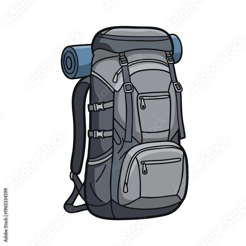 A gray hiking backpack with a rolled blue sleeping pad strapped to the side
