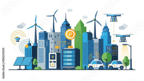 Smart City Sustainable Energy Ecosystem. Modern Urban Landscape with Renewable Power Grid, EV Charging Stations, Battery Storage, Wind Turbines, and Drone Technology.