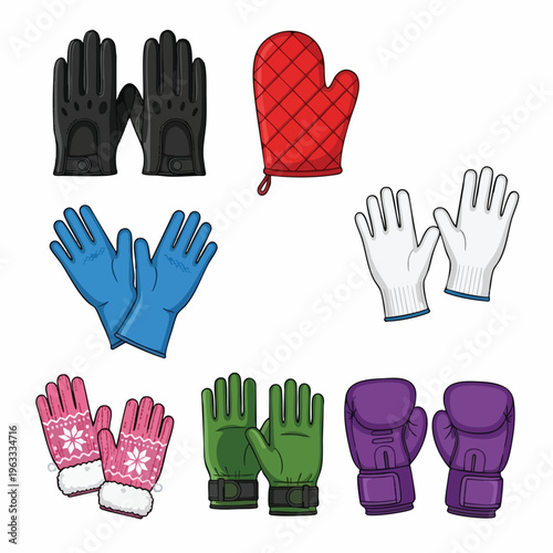 A collection of seven different pairs of gloves and a red oven mitt