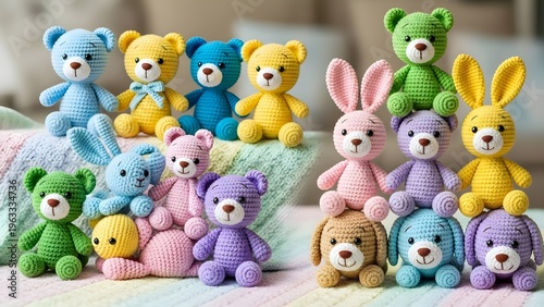 Charming collection of handmade crocheted stuffed animals, including teddy bears and bunnies, perfect for gifts and decor