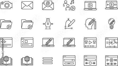 Digital media and graphic design vector icon set featuring video editing tools pen tool laptop and web browser interfaces.