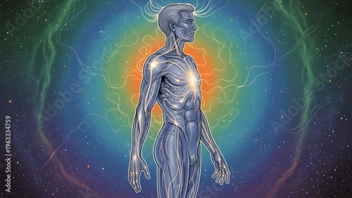 Vibrant illustration of the human energy field, showcasing a glowing figure surrounded by a colorful aura, symbolizing consciousness, inner light, and spiritual vitality in a cosmic setting