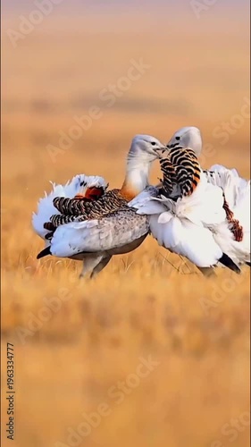 Magnificent male great bustards display their impressive courtship plumage and intricate mating rituals within a dry grassy steppe environment under bright sunlight.